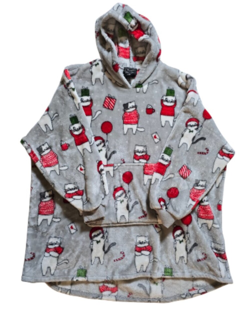 Throwzy Christmas Cats Plush Wearable Blanket Hoodie One Size Oversized